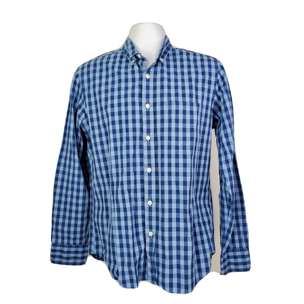 J Crew Mens Slim Fit Button Front Shirt Oversize Gingham Plaid Blue Size Medium